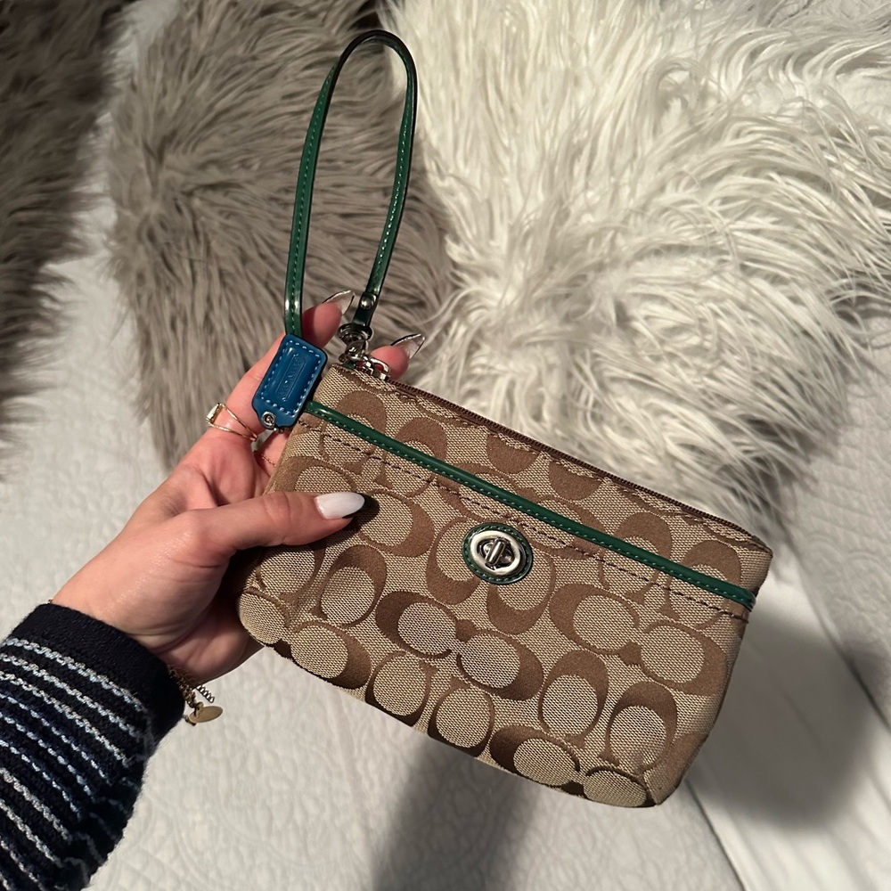 Coach Signature Monogram Turnlock Wristlet Wallet Clutch Brown Green Blue Pouch